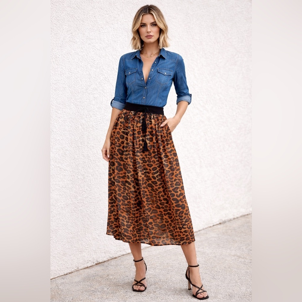 Leopard Print Midi Skirt Elastic Waist Tassels Boho Flowy Chic Sheer Size Large